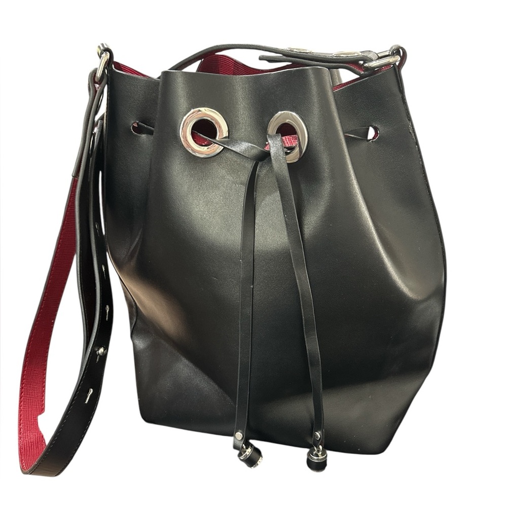 Zara black large bucket bag with red interior silver hardware